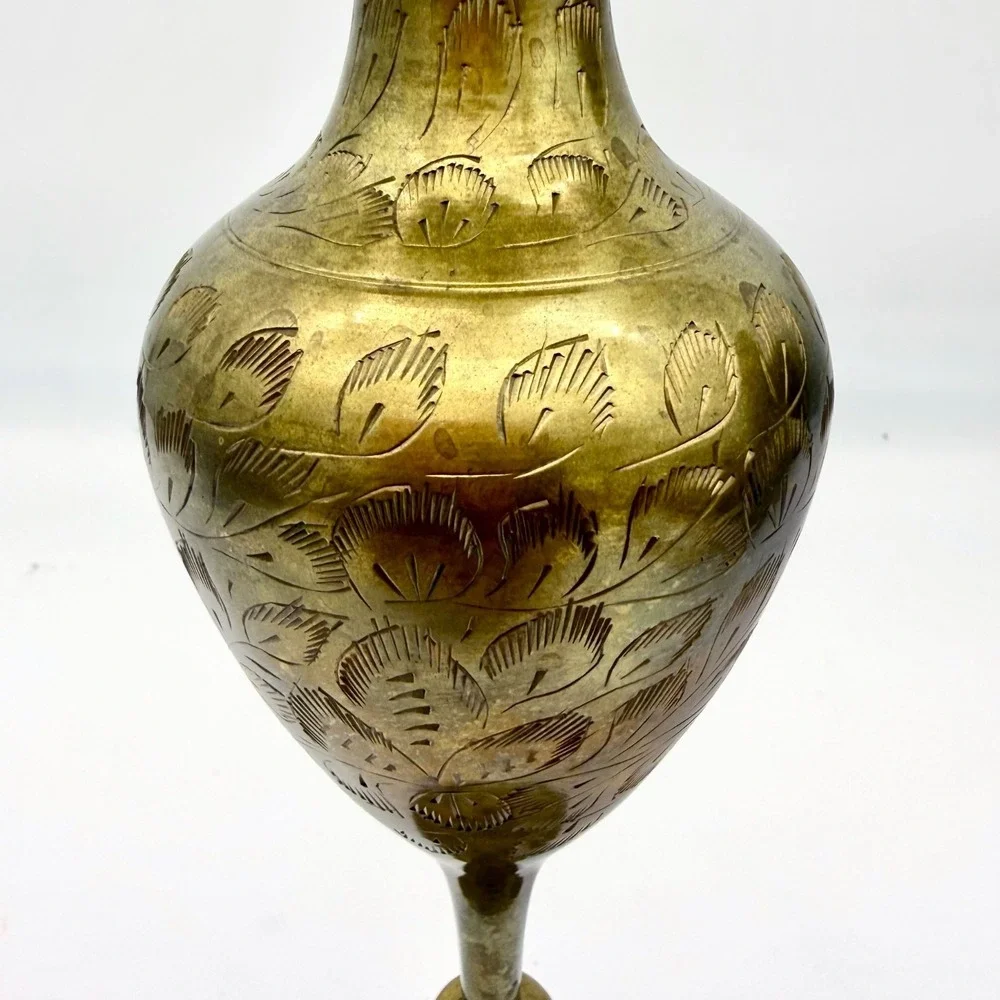 Vintage Etched Brass‎ Vase 10in Pedestal Fluted Rim Botanical Leaf Pattern